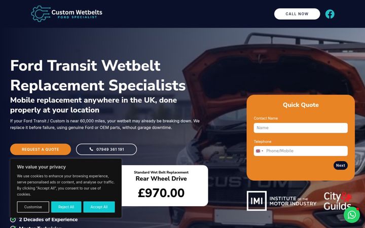 Screenshot of customwetbelts.com