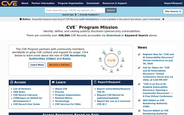 Snímek obrazovky cve.org