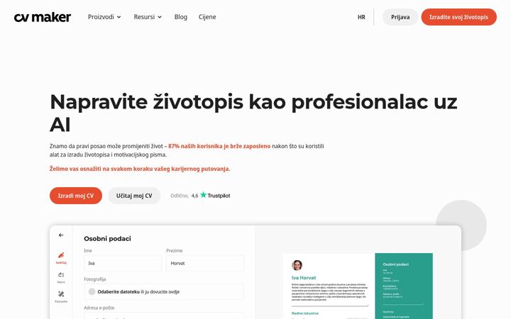 Екранна снимка на cvmaker.hr