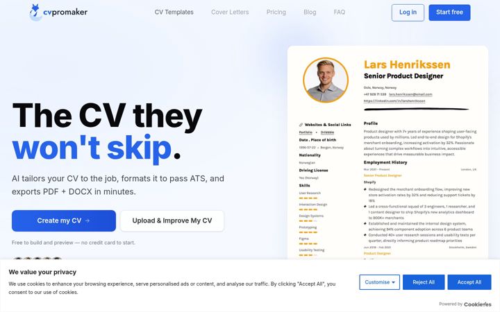 Screenshot of cvpromaker.com