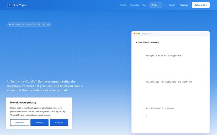 Screenshot of cvrefine.com