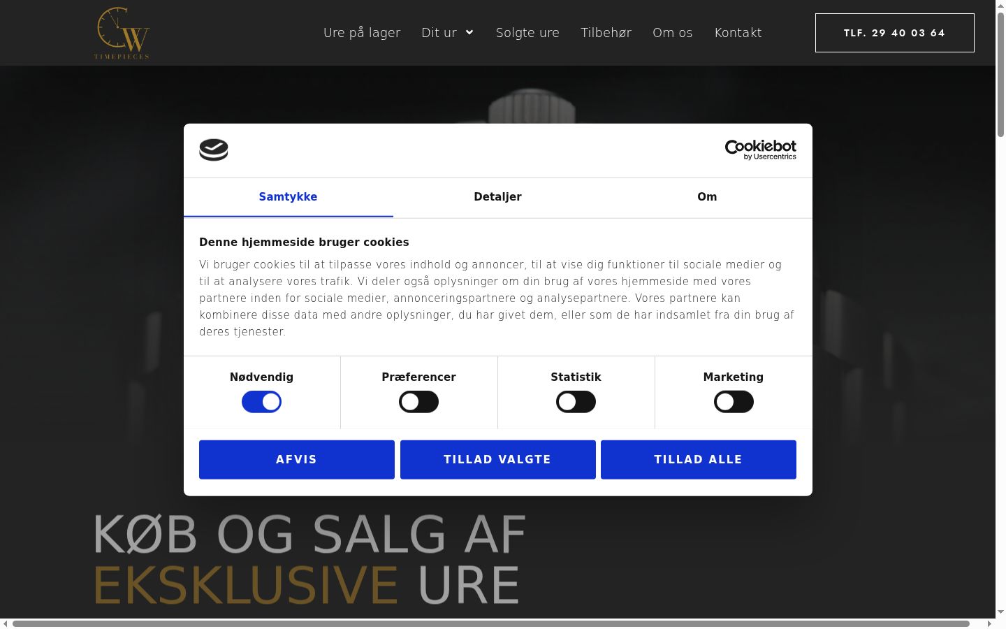 Skærmbillede af samtykkebanneret, som det blev vist før nogen interaktion