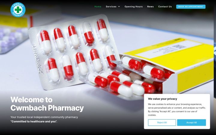 Screenshot of cwmbachpharmacy.co.uk
