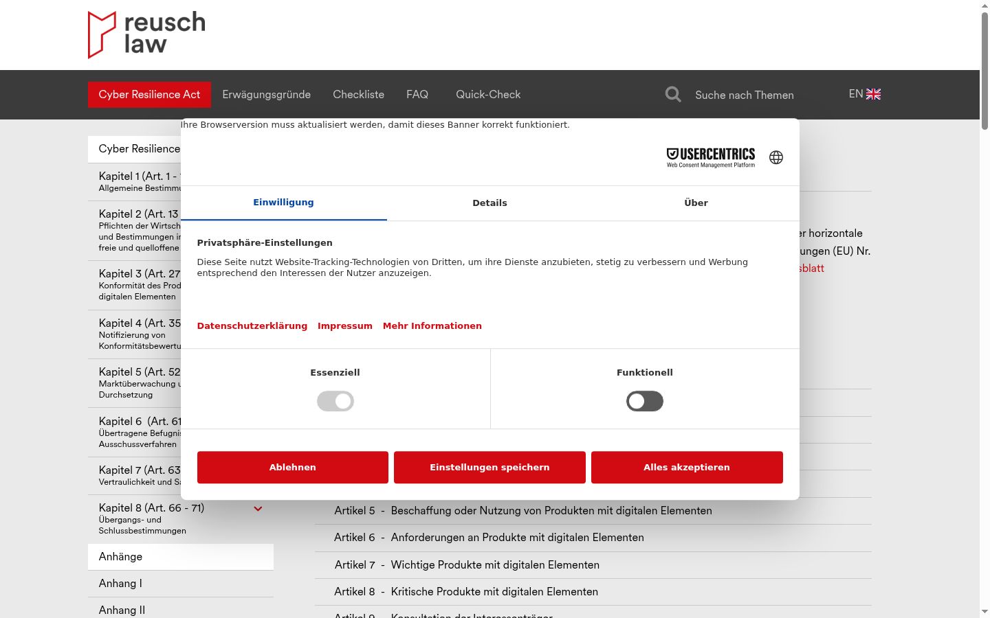 Screenshot des Einwilligungsbanners vor jeglicher Interaktion