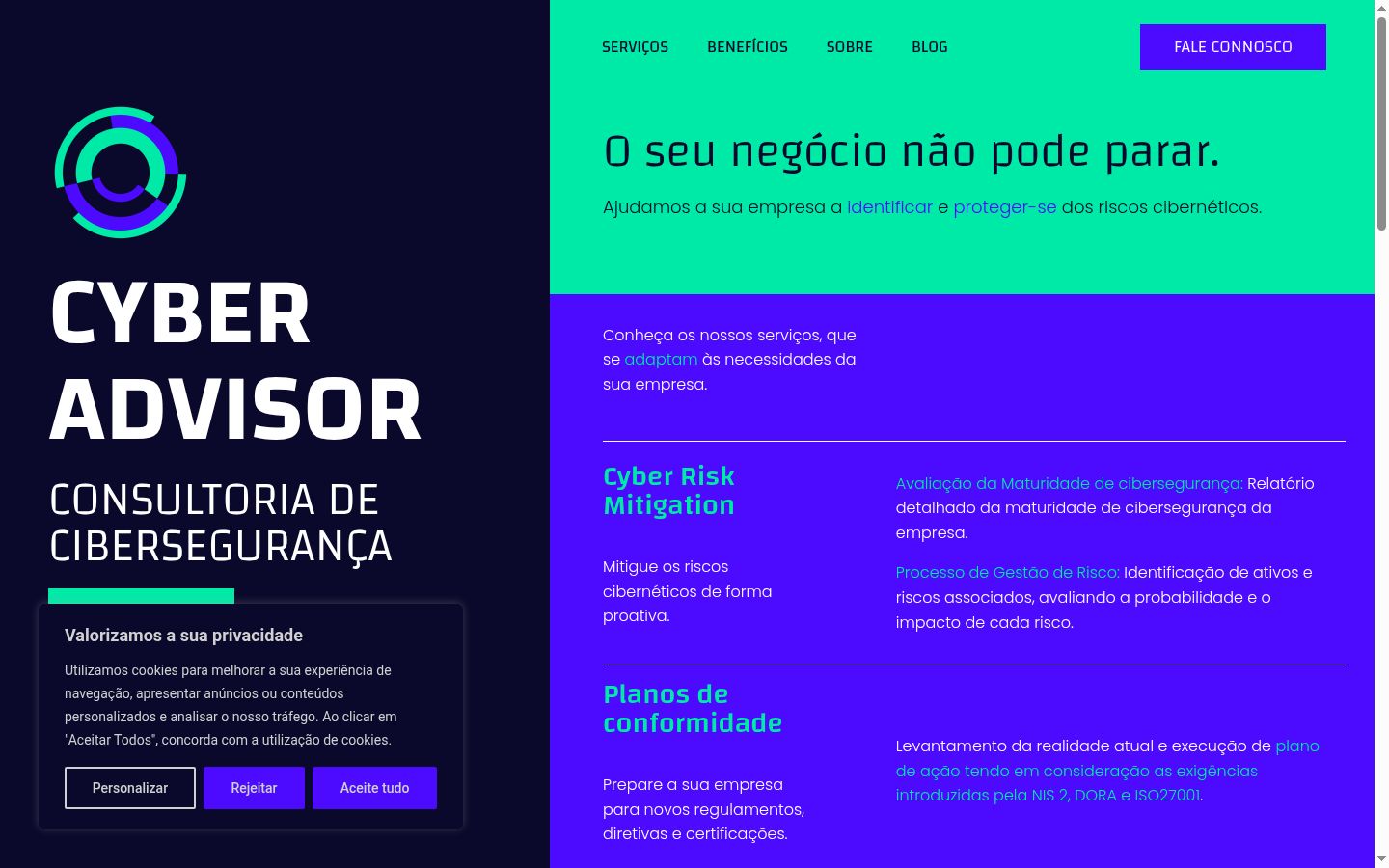 Captura de ecrã do banner de consentimento apresentado antes de qualquer interação