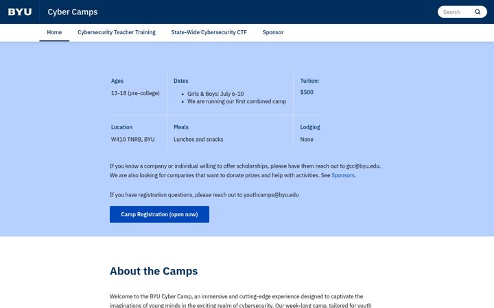 Skjermbilde av cybercamps.byu.edu