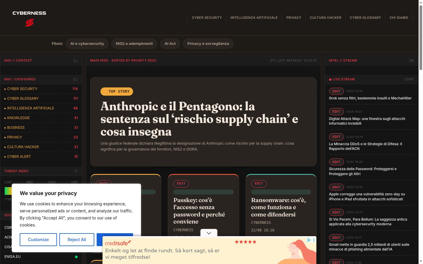 Screenshot del banner di consenso mostrato prima di qualsiasi interazione