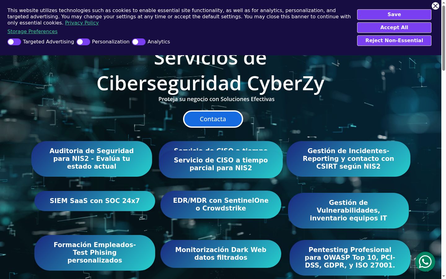 Captura de pantalla del banner de consentimiento mostrado antes de cualquier interacción