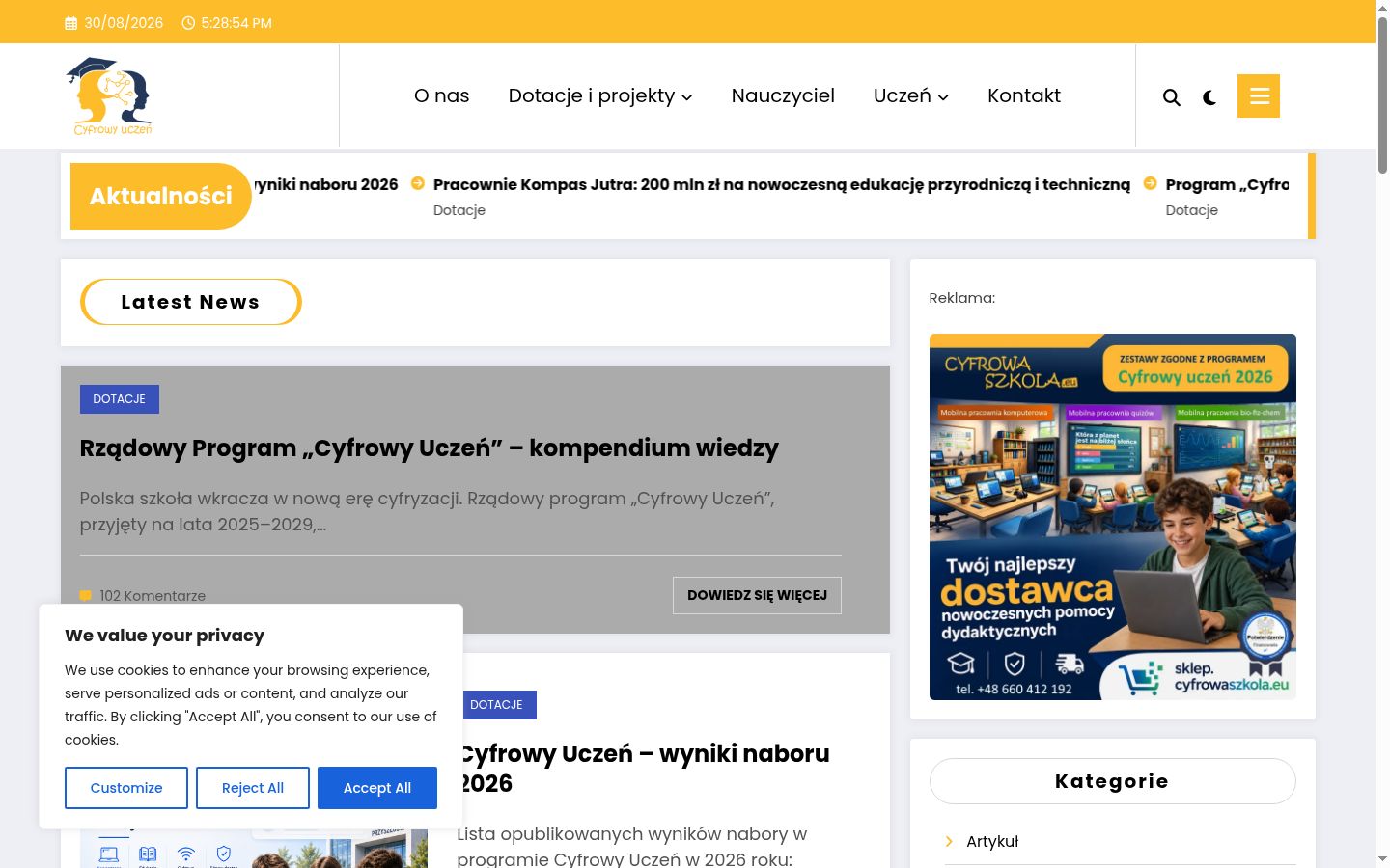 Ekrānuzņēmums ar piekrišanas baneri, kas tika rādīts pirms jebkādas mijiedarbības