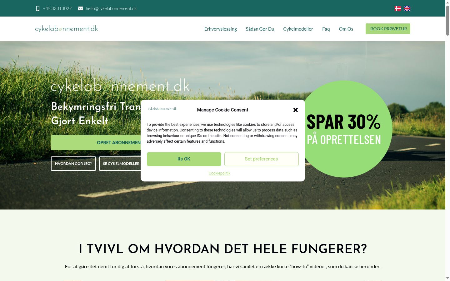 Skærmbillede af samtykkebanneret, som det blev vist før nogen interaktion