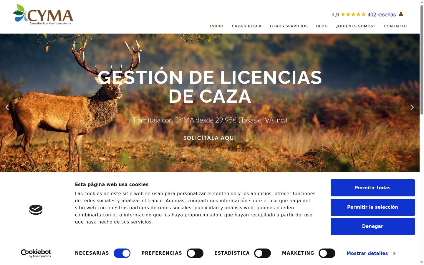 Captura de pantalla del banner de consentimiento mostrado antes de cualquier interacción
