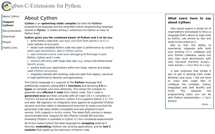 Screenshot of cython.org