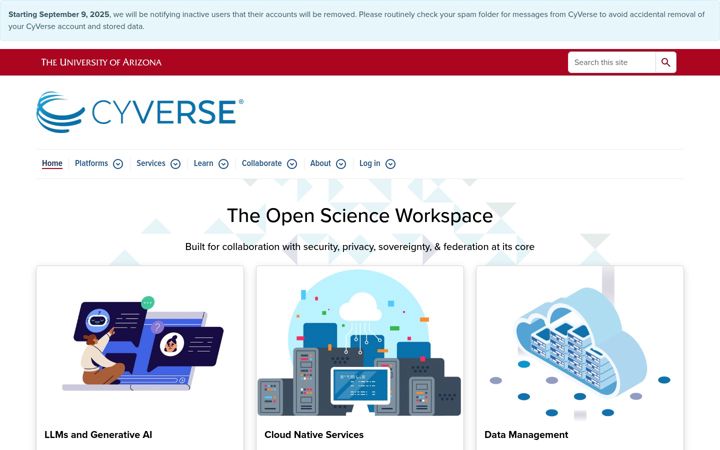 Captură de ecran a cyverse.org
