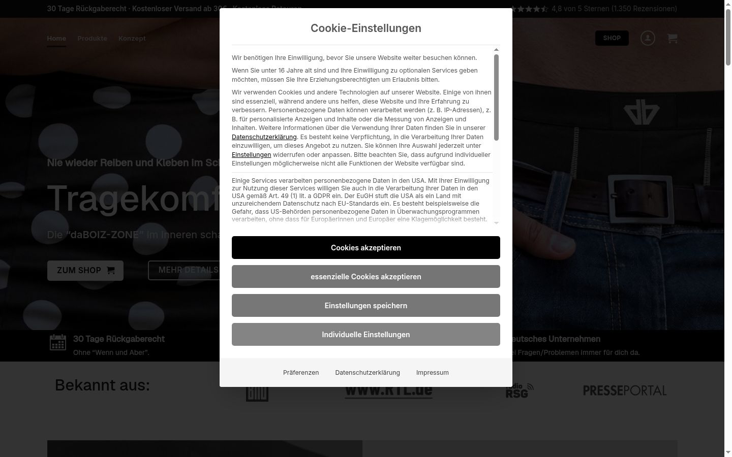 Screenshot des Einwilligungsbanners vor jeglicher Interaktion