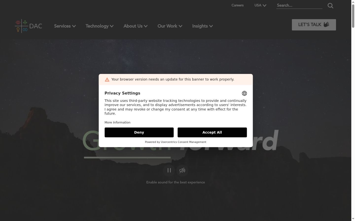 Screenshot του banner συγκατάθεσης που εμφανίστηκε πριν από οποιαδήποτε αλληλεπίδραση