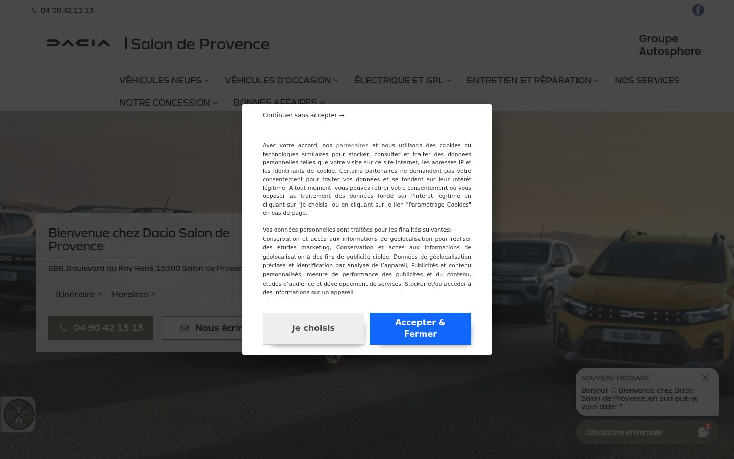 Capture d'écran de la bannière de consentement affichée avant toute interaction