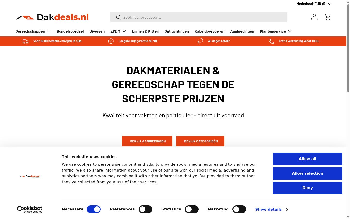 Screenshot van de toestemmingsbanner zoals getoond vóór enige interactie