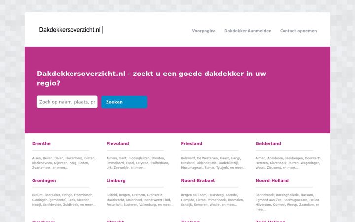 Ekrānuzņēmums no dakdekkersoverzicht.nl