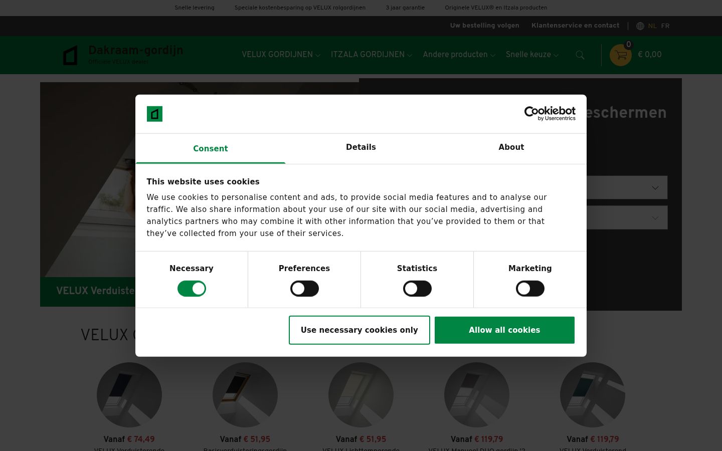 Screenshot van de toestemmingsbanner zoals getoond vóór enige interactie