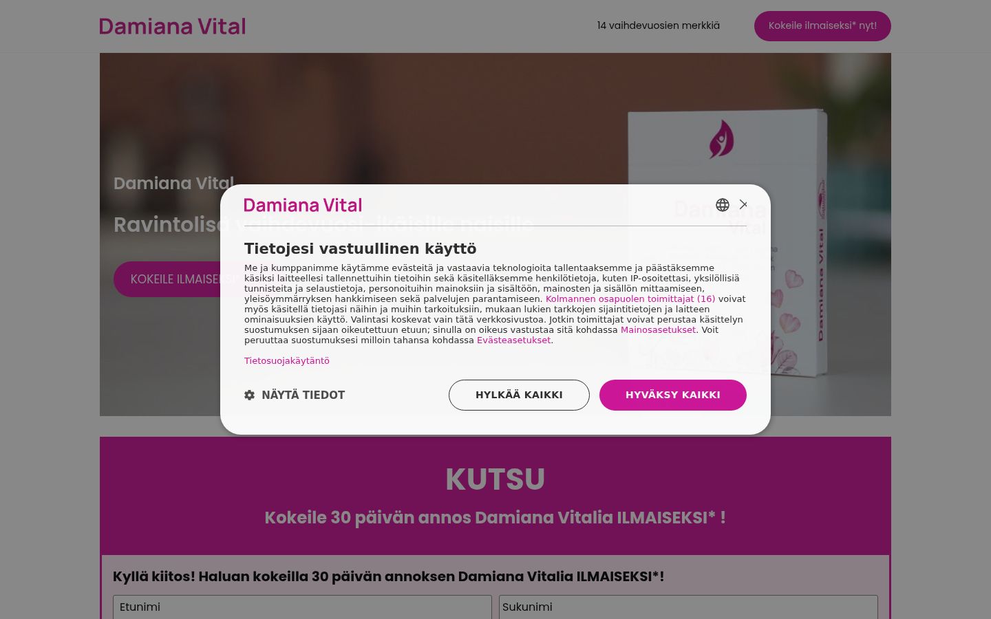 Skærmbillede af samtykkebanneret, som det blev vist før nogen interaktion