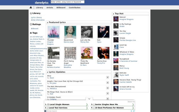 Screenshot of damnlyrics.com