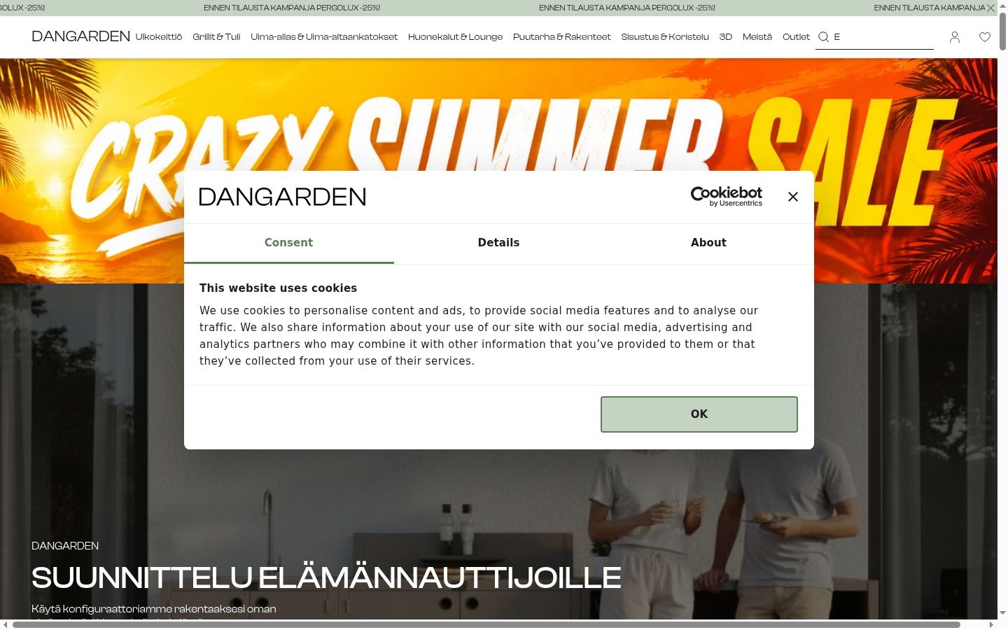 Skærmbillede af samtykkebanneret, som det blev vist før nogen interaktion