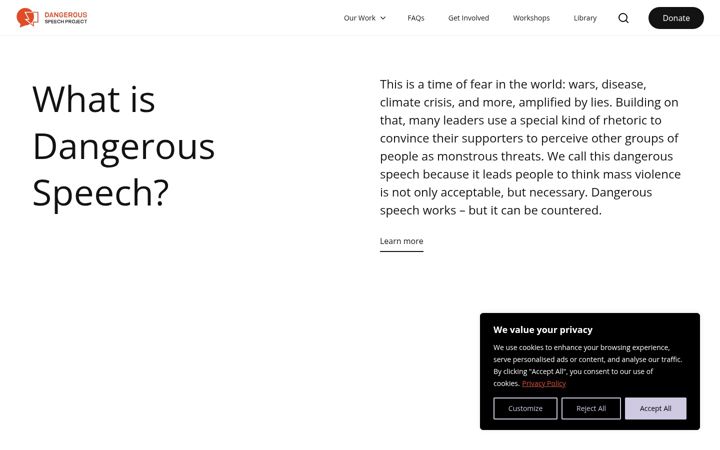 Screenshot of dangerousspeech.org