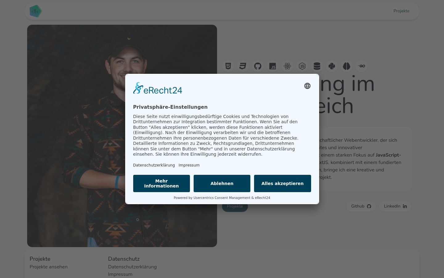 Screenshot des Einwilligungsbanners vor jeglicher Interaktion