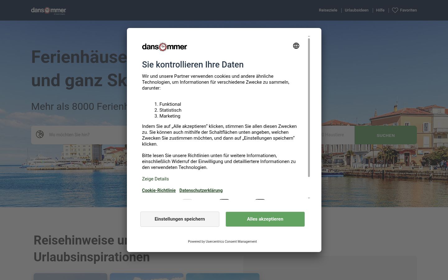 Captura de ecrã do banner de consentimento apresentado antes de qualquer interação