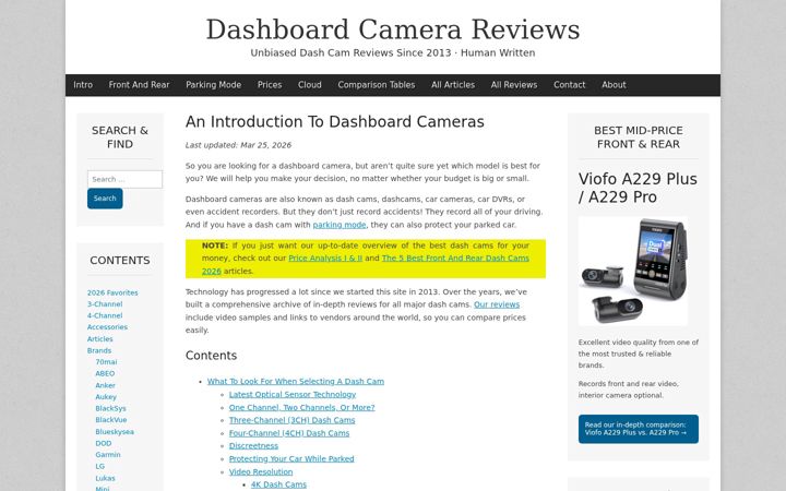Screenshot of dashboardcamerareviews.com