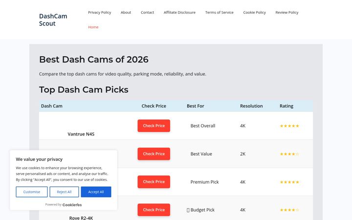 Screenshot of dashcamscout.com