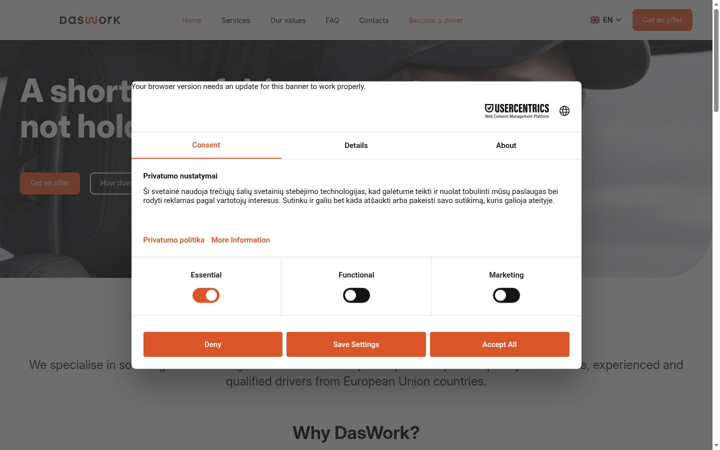 Capture d'écran de la bannière de consentement affichée avant toute interaction