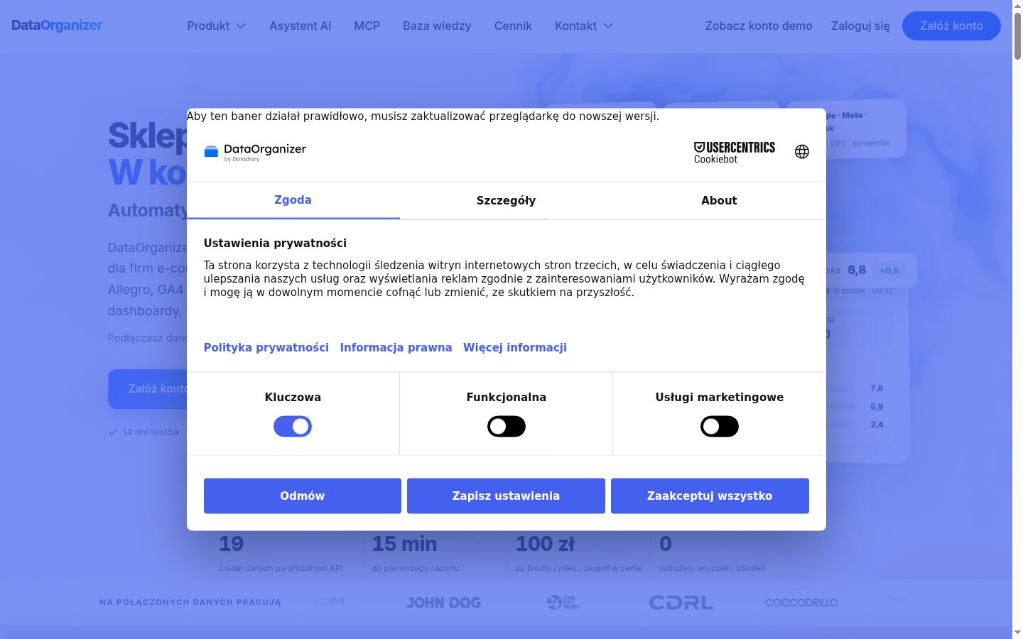 Snímek obrazovky baneru souhlasu zobrazeného před jakoukoli interakcí
