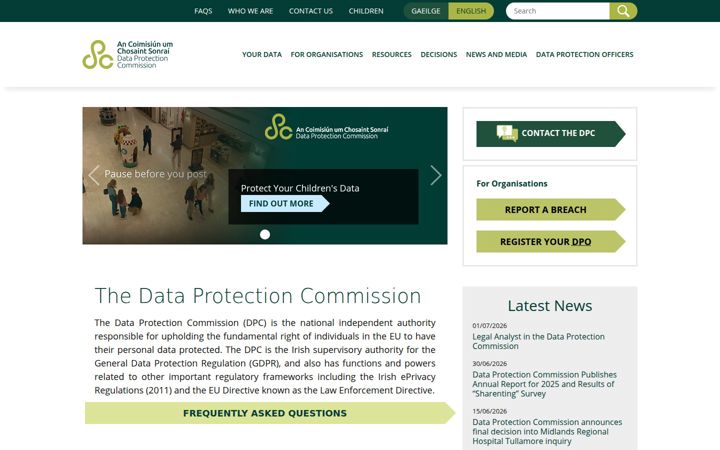 Skärmbild av dataprotection.ie