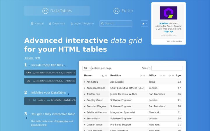 Screenshot stránky datatables.net