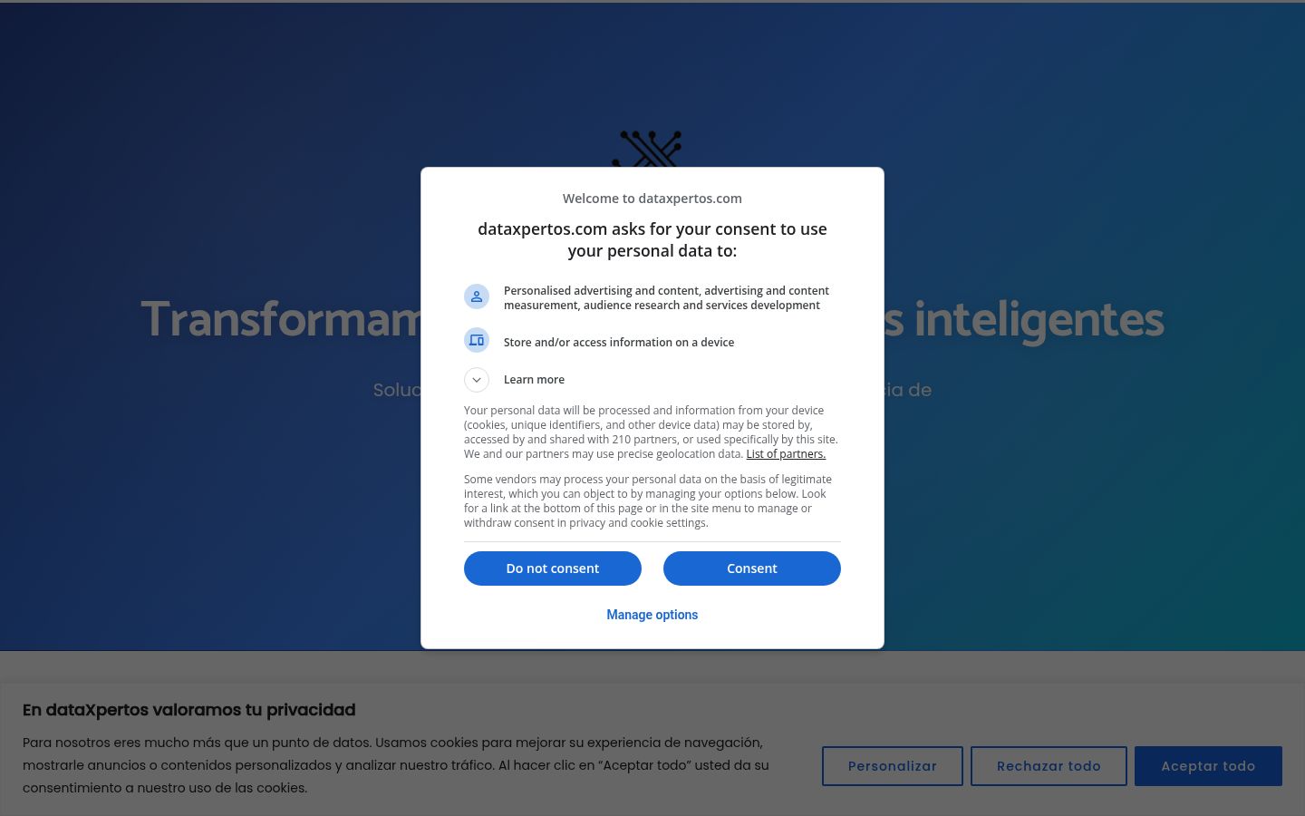 Screenshot del banner di consenso mostrato prima di qualsiasi interazione