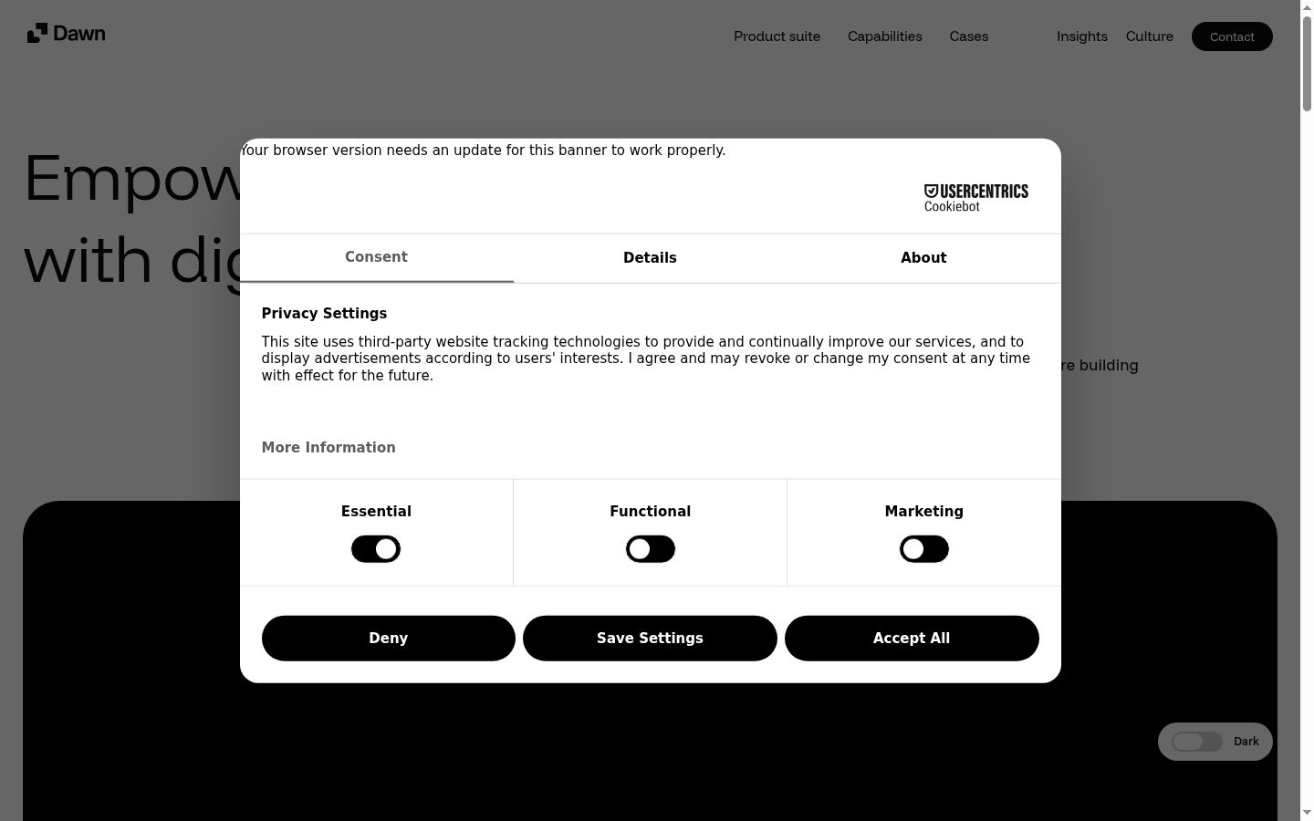 Screenshot del banner di consenso mostrato prima di qualsiasi interazione