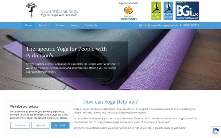 Screenshot of dawnwilliamsyoga.co.uk