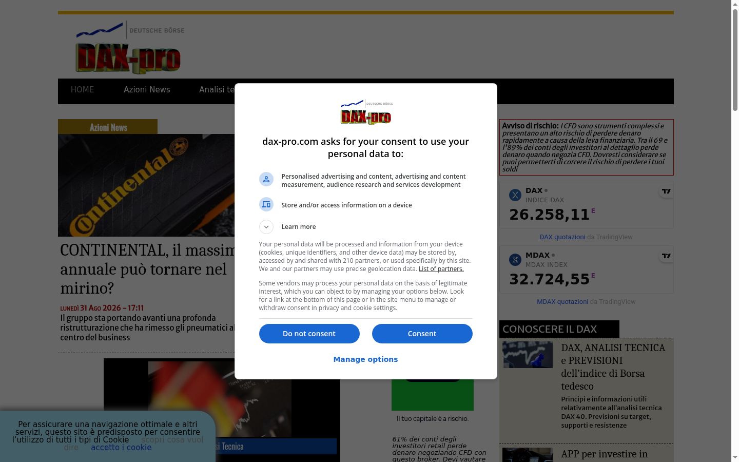 Skærmbillede af samtykkebanneret, som det blev vist før nogen interaktion