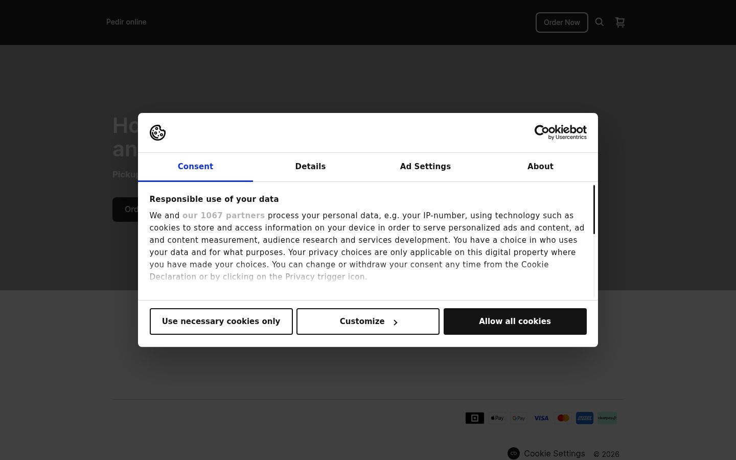 Screenshot del banner di consenso mostrato prima di qualsiasi interazione