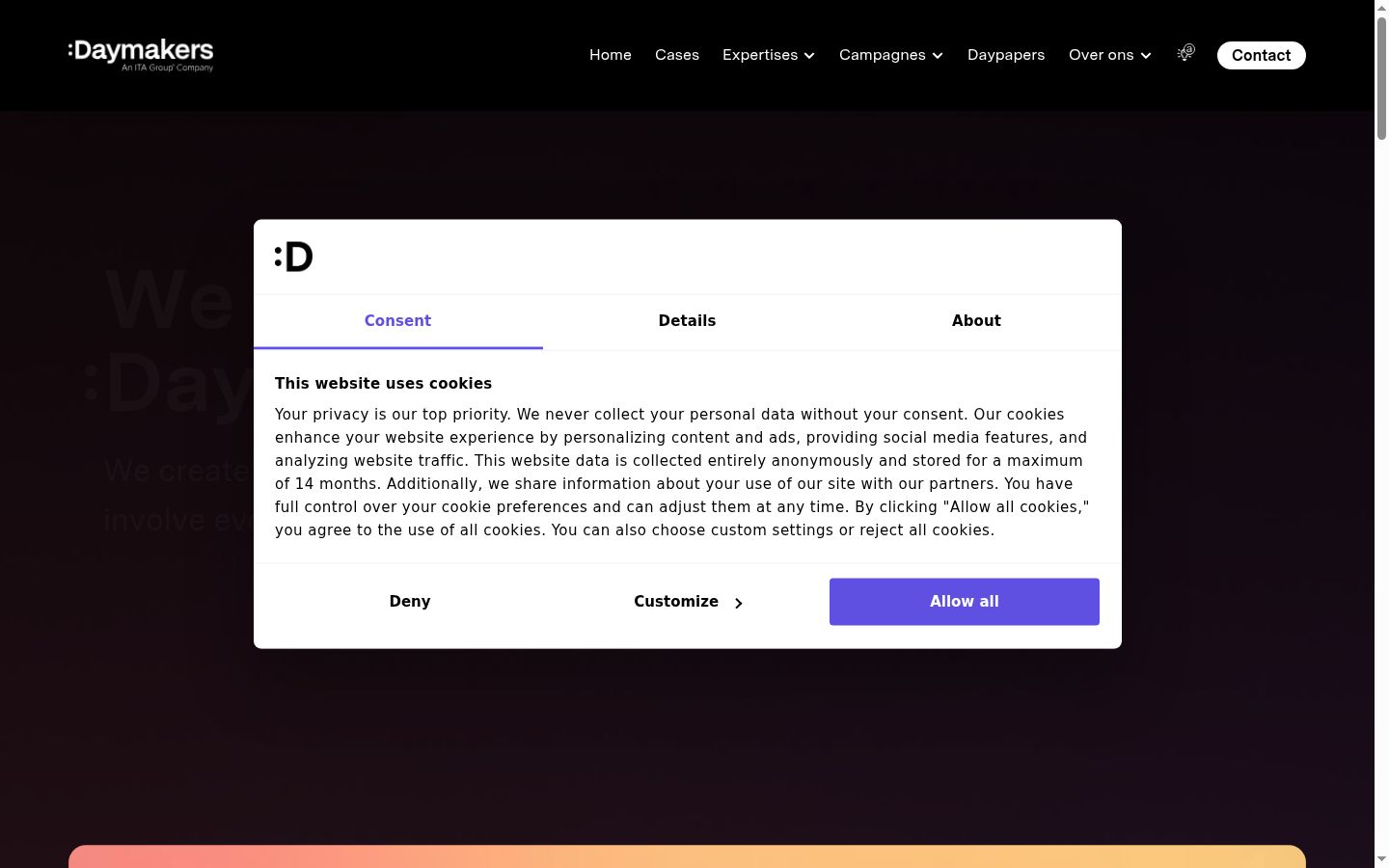 Screenshot of the consent banner shown before any interaction