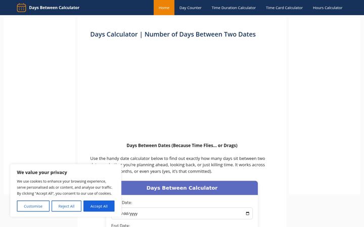 Ekrano kopija daysbetweencalculator.org