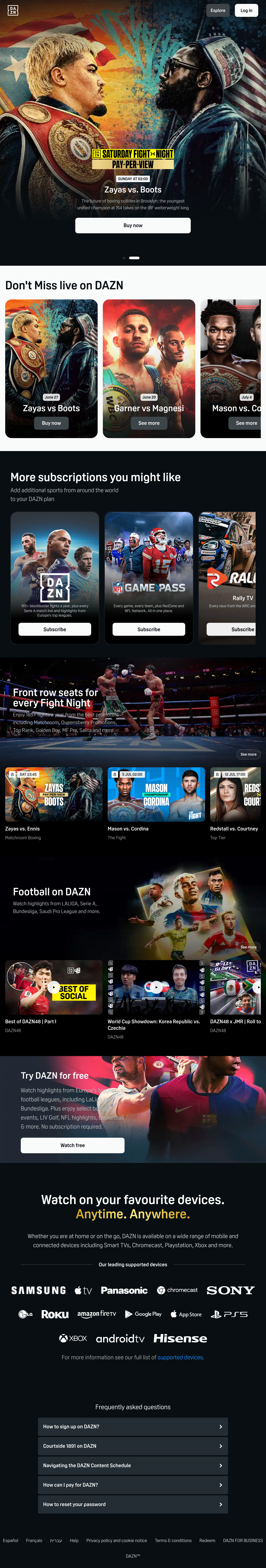 Tablet screenshot of dazn.com