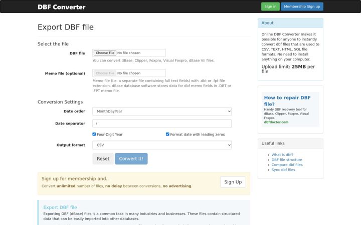 Screenshot of dbfconv.com