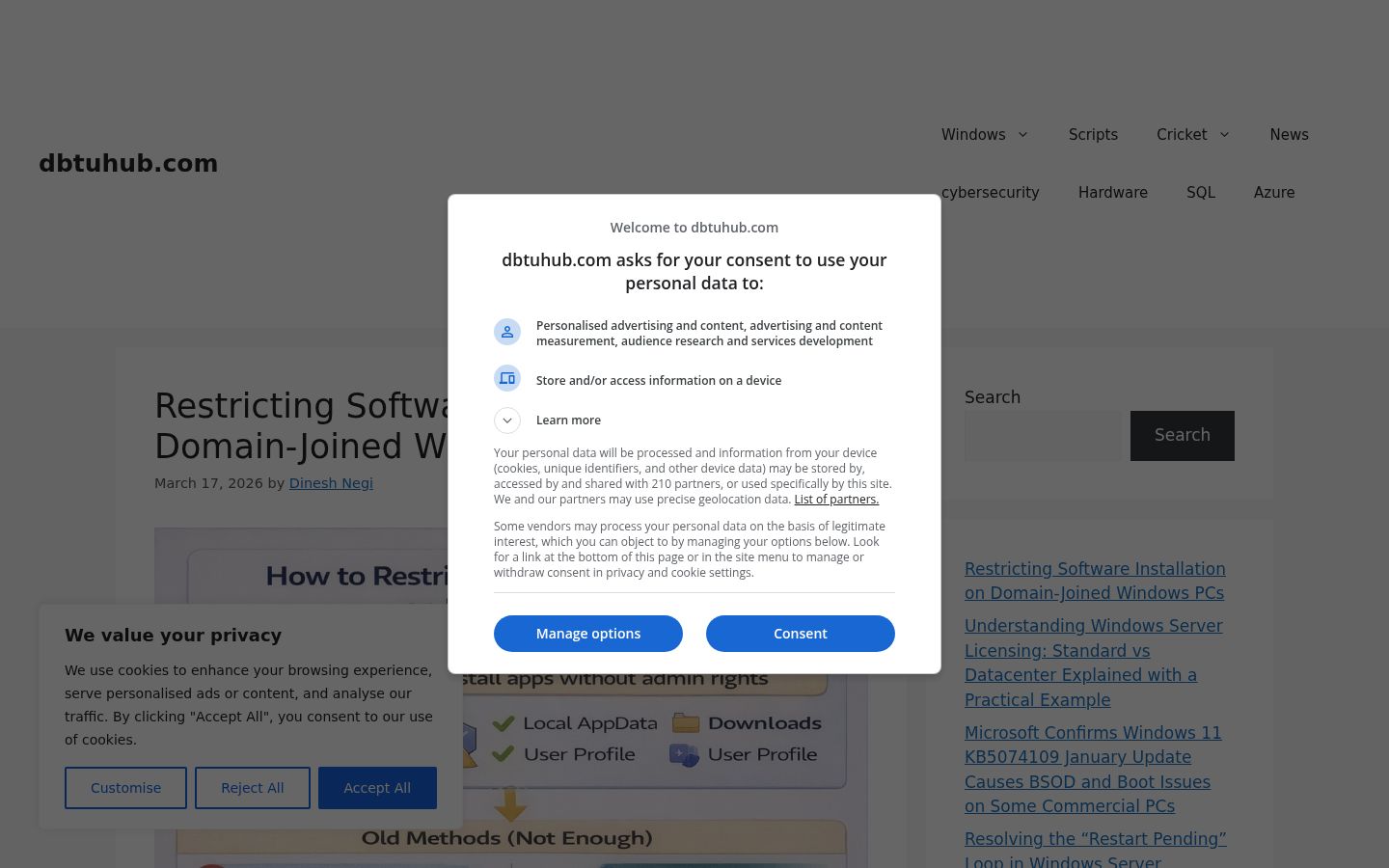 Screenshot del banner di consenso mostrato prima di qualsiasi interazione