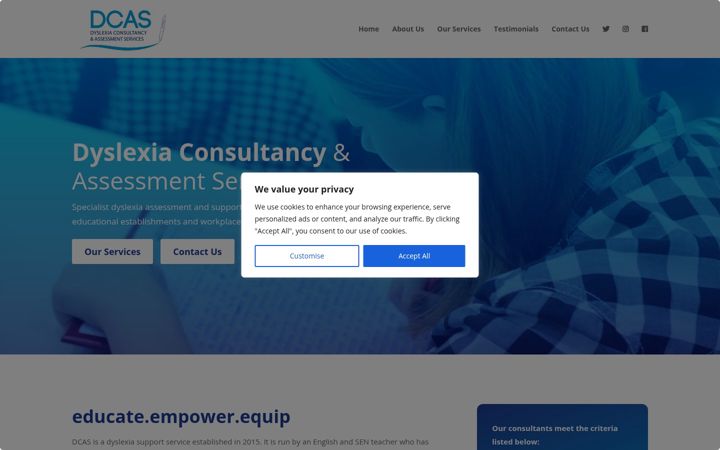 Screenshot of dcasdyslexia.co.uk