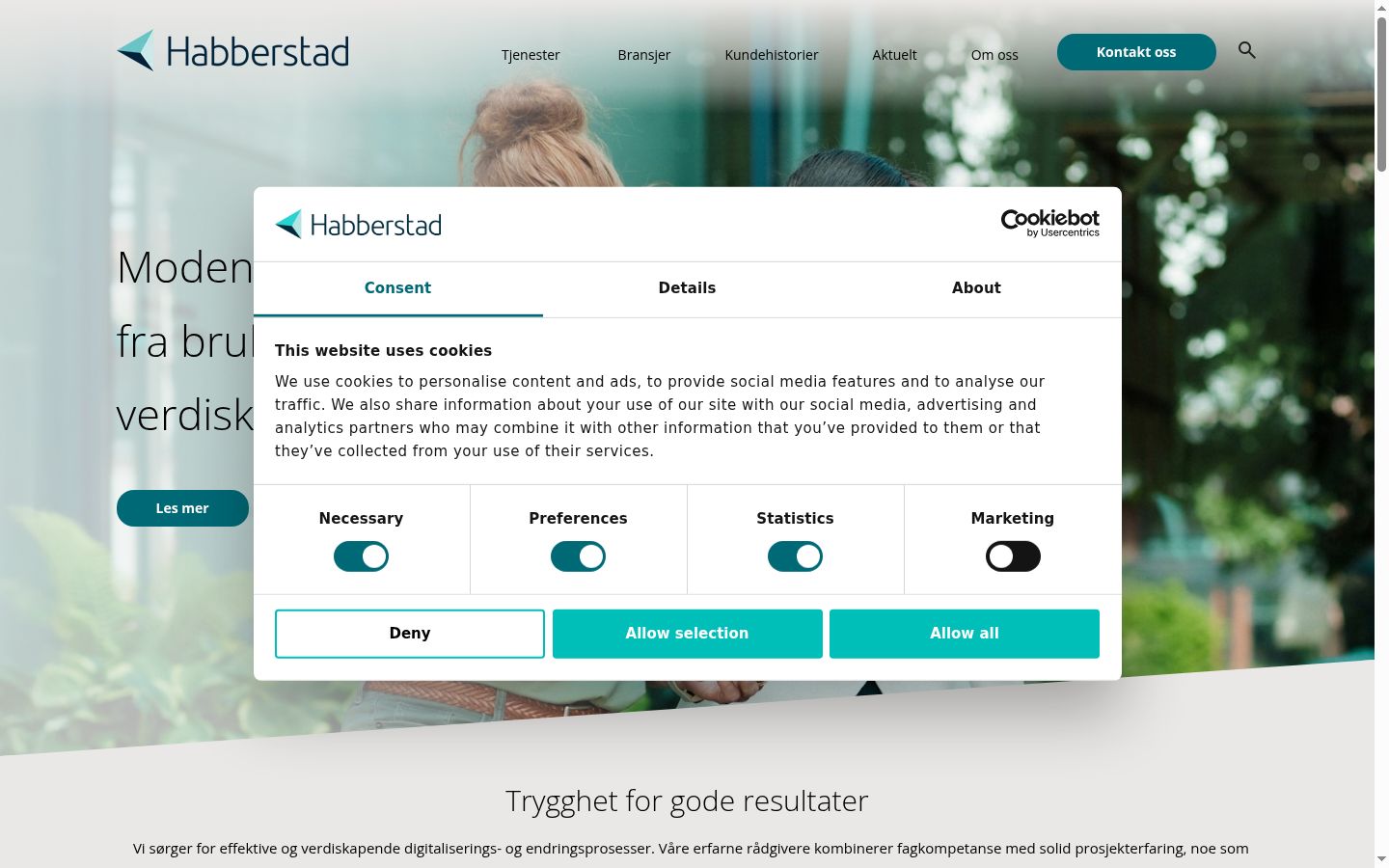 Skärmbild av samtyckesbannern som visades före någon interaktion