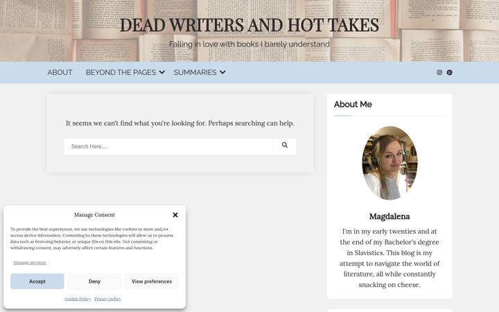 Screenshot of dead-writers-and-hot-takes.com