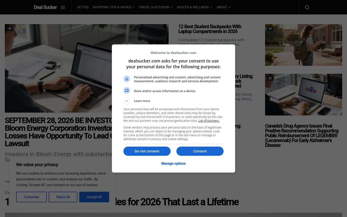 Screenshot of the consent banner shown before any interaction