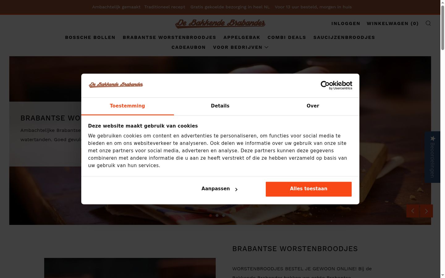 Captura de ecrã do banner de consentimento apresentado antes de qualquer interação